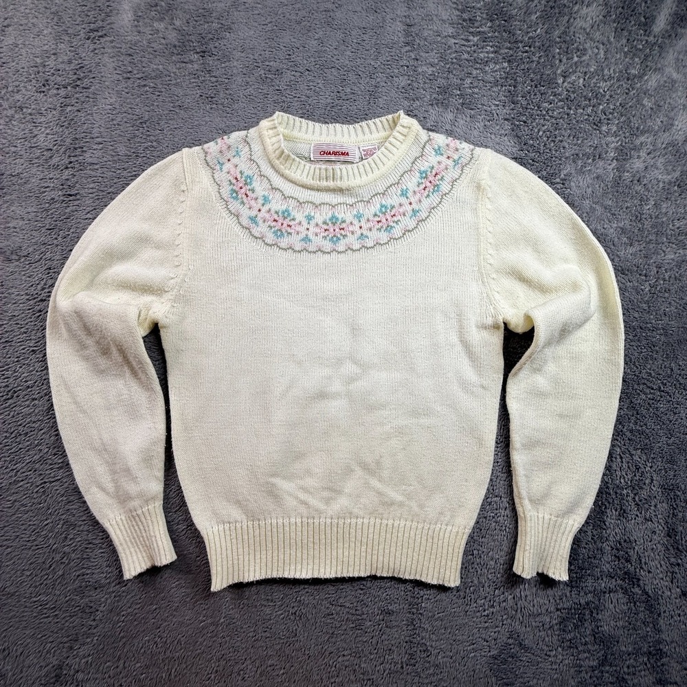 Charisma M Women Cream Fair Isle Knit Sweater Pullover Cottagecore Vintage